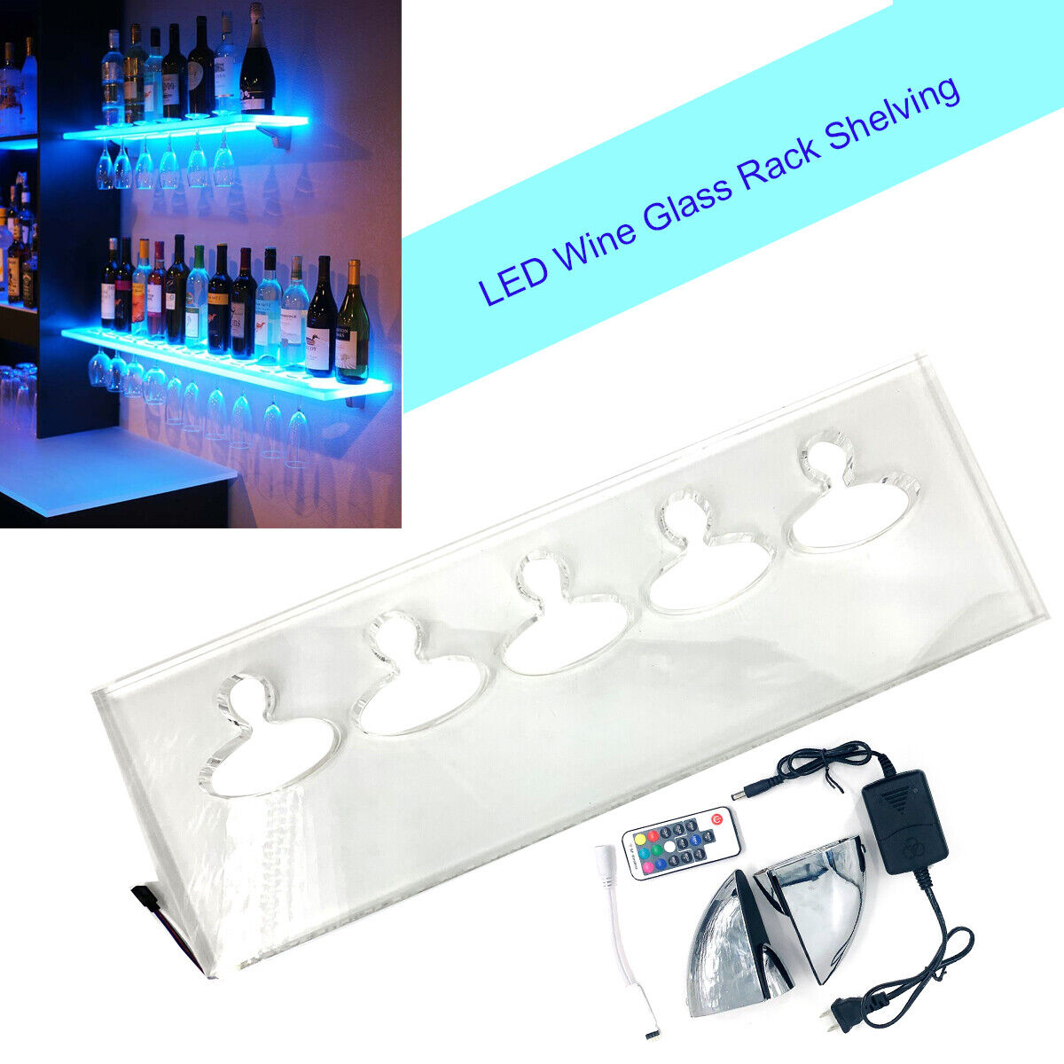 23" Wall Mounted Led Lighted Shelf Liquor Bottle Bar Display Stand +glass Holder