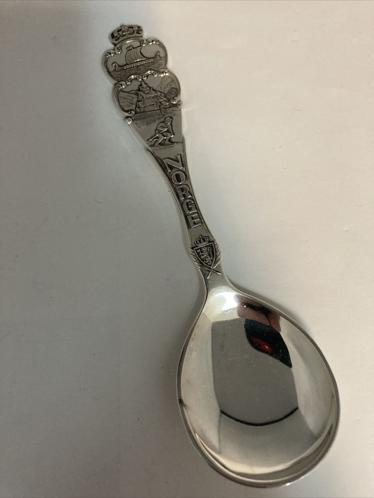 Norway Souvenir Collector Spoon Collectible Viking Boat Skiing 60 GR. NM 6” Long