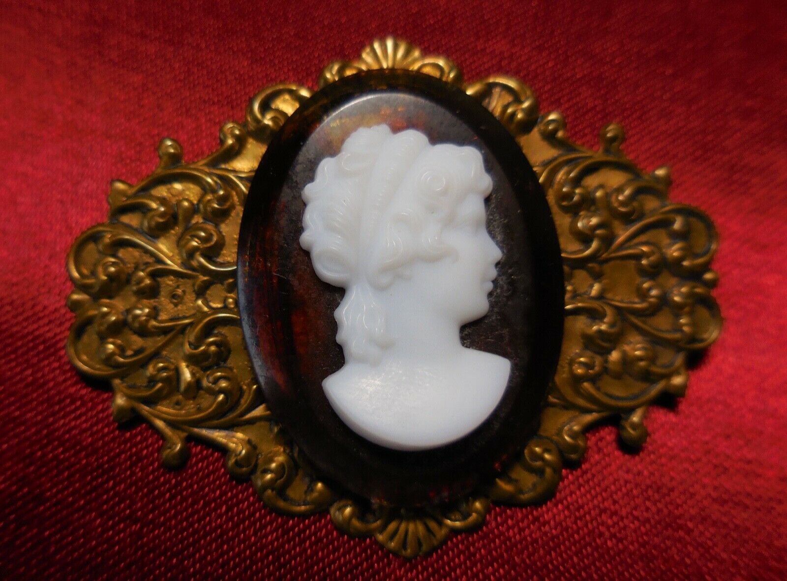 Art Nouveau Style Lucite Cameo Brooch Sash Pin Vintage Jewelry Early Plastic