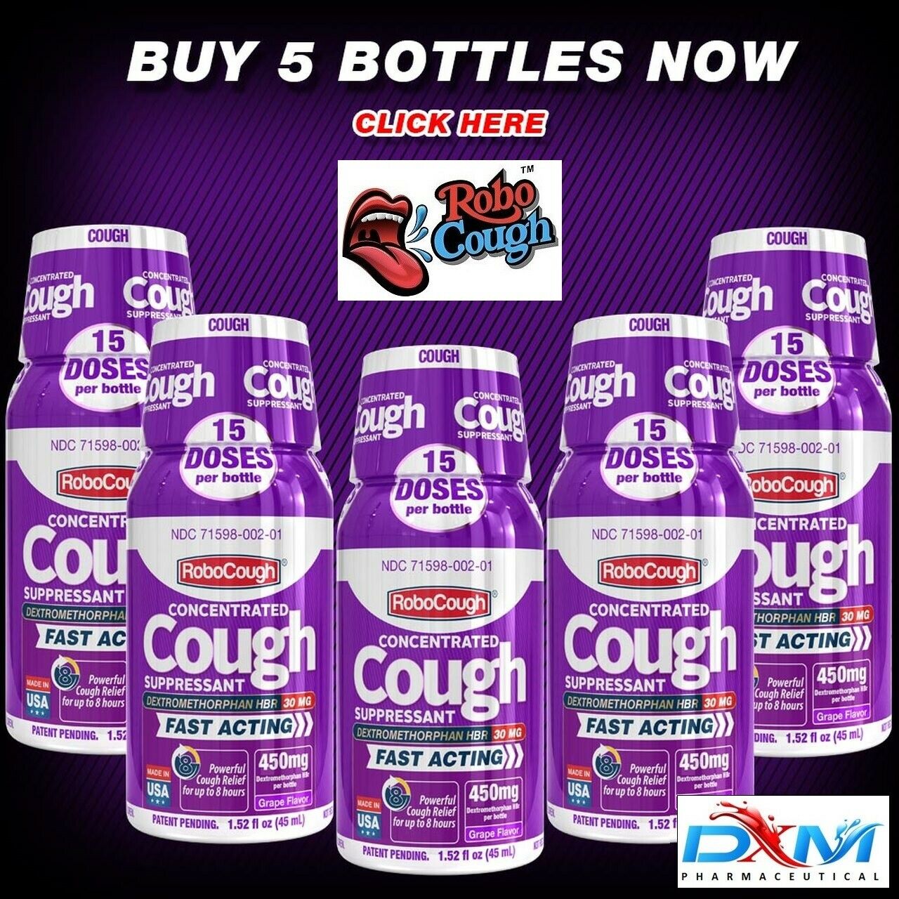 Robocough™ Pack Of 5 Bottles, 450mg Dxm Per Bottle - Grape Flavor!