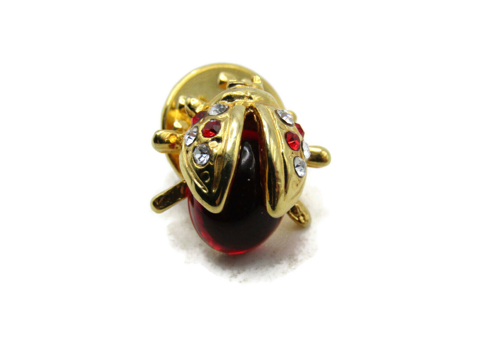 Red Stone Ladybug Pin Clear & Red Rhinestone Inlay Gold Tone