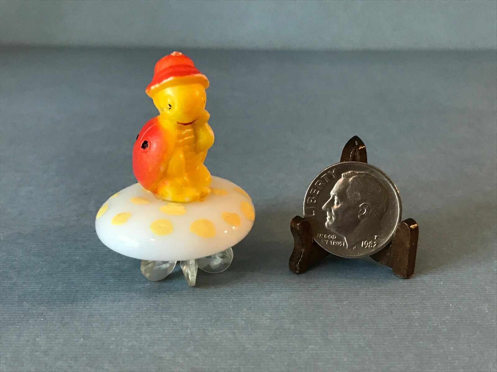 Vintage Miniature Plastic Ladybug Turtle On Mushroom Figurine Josef Originals?