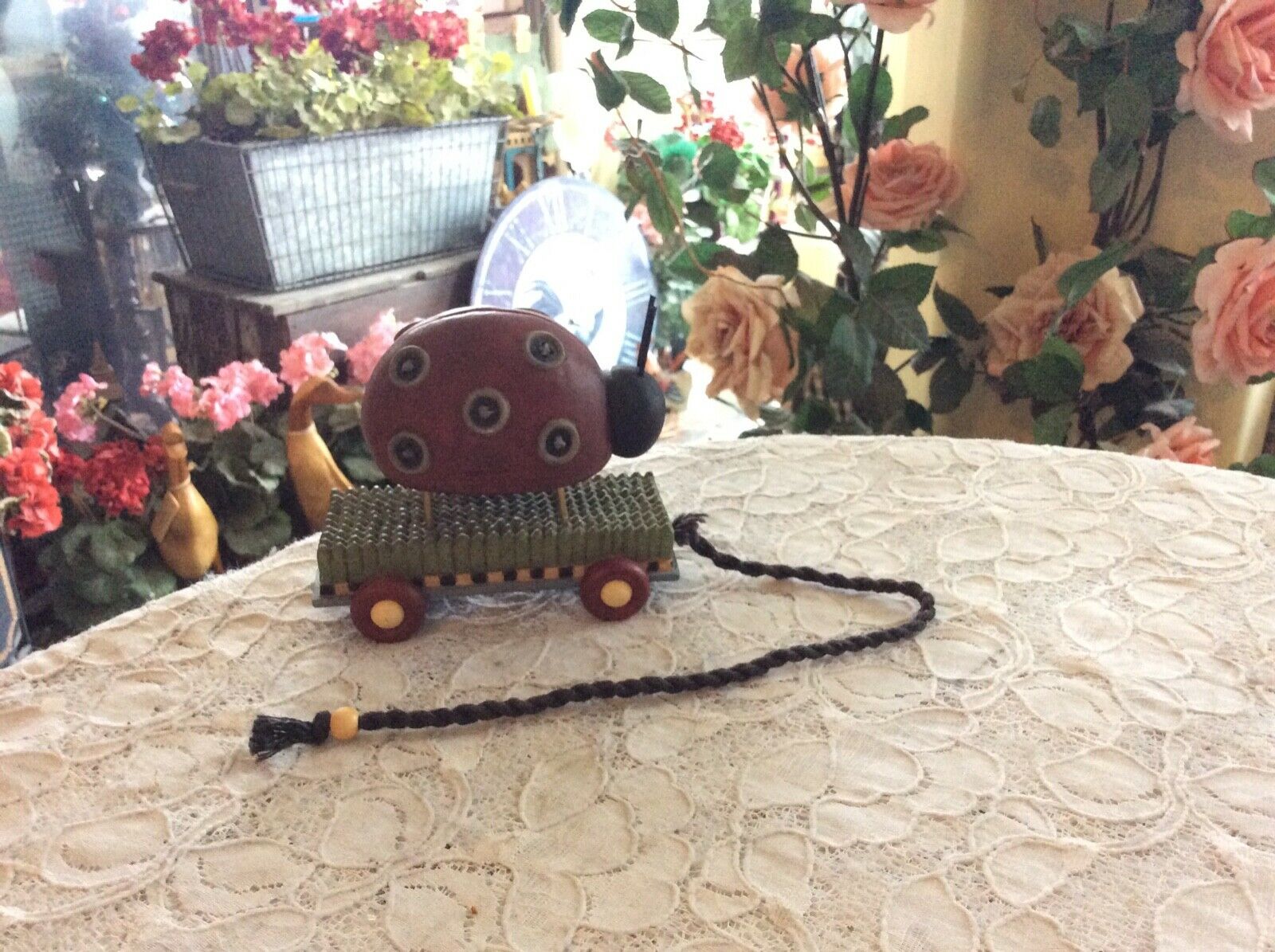 Painted Resin Ladybug On Wheels - Pull Toy
