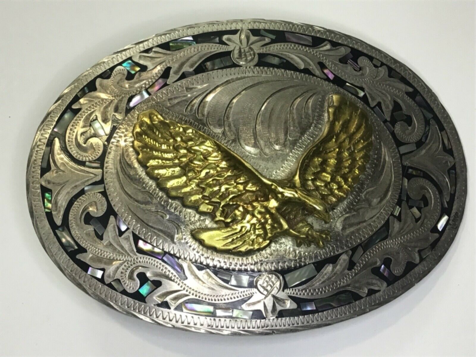 Silver Inlay Belt Buckle Hecho En Mexico Alpaca Filigree Gold Tone Eagle Htf