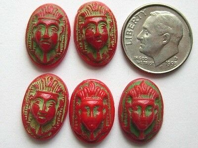 5 RARE MAX NEIGER ART DECO EGYPTIAN REVIVAL RED SCARAB GLASS CAB STONES CRAFTS