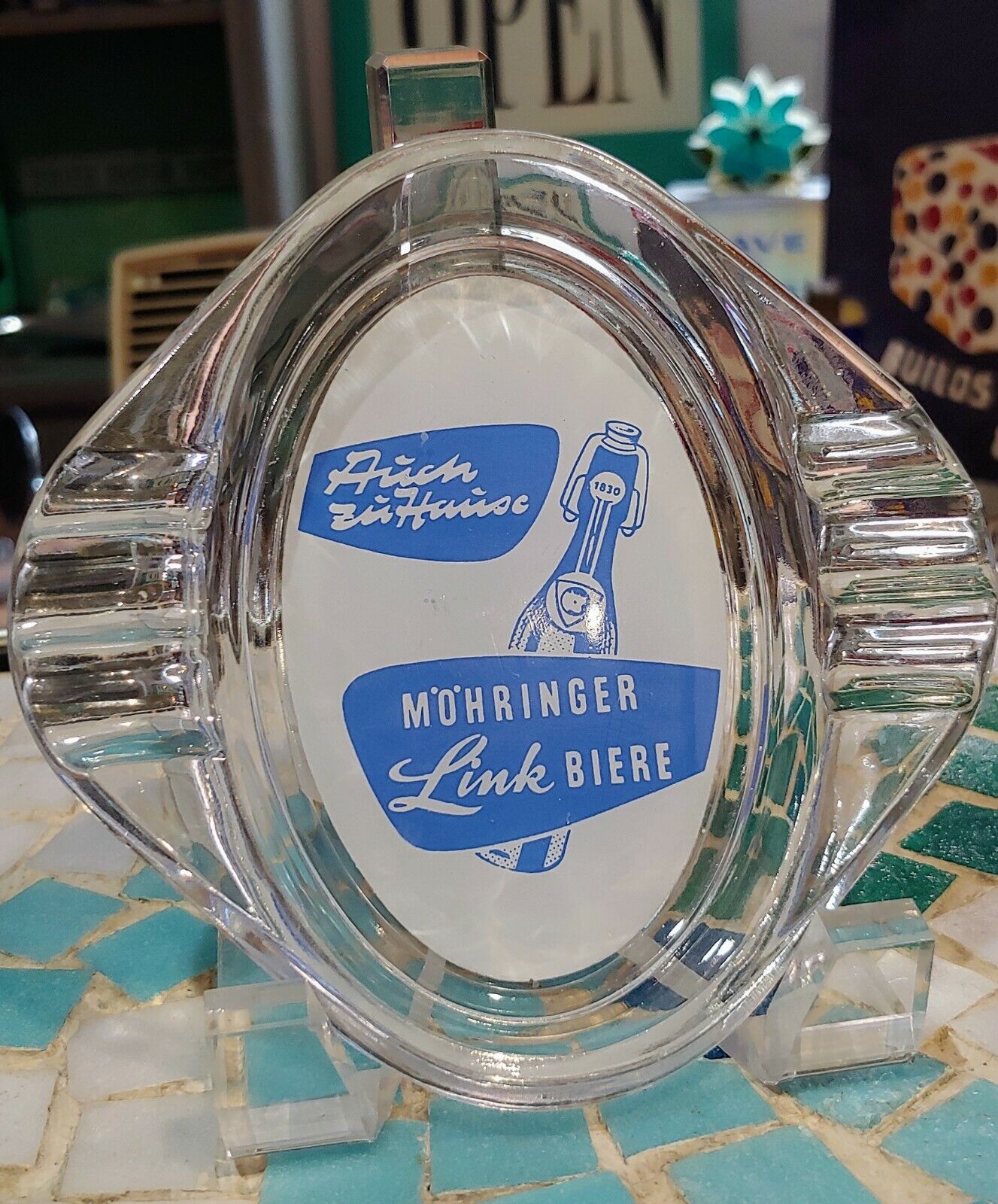 Vintage Antique Mohringer Link Biere Beer Glass Ashtray Dish 50s Old Bottle Sign