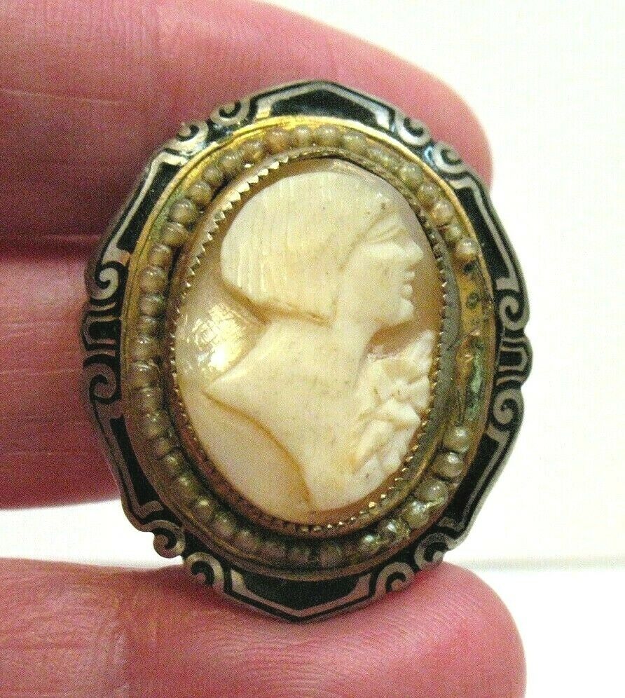 Art Deco Cameo Pin Gold Enamel Bobbed Hair Seed Pearls 1 X 1 1/4 Inches