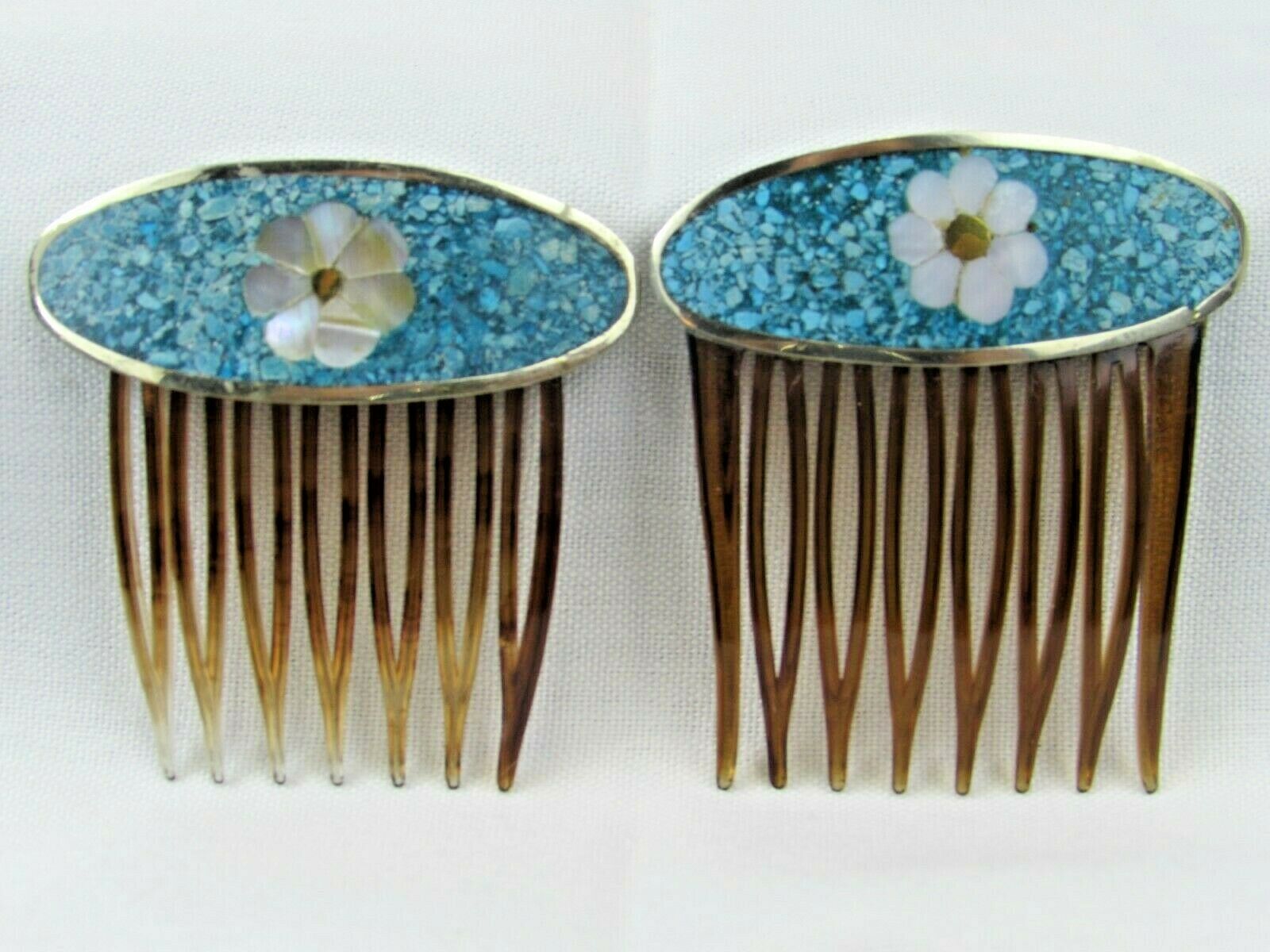 2x Mexico Alpaca Vintage Hair Clips Mother Of Pearl Crushed Turquoise Abalone