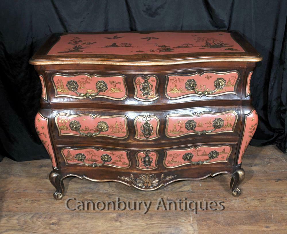 Antique Chinese Chest Drawers - Red Lacquer Bombe Commode Chinoiserie 1910