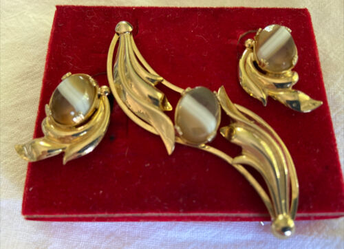 Vintage Cameo 1/20 Gold Filled Screw Back Earrings & Brooch w/ Stones signed