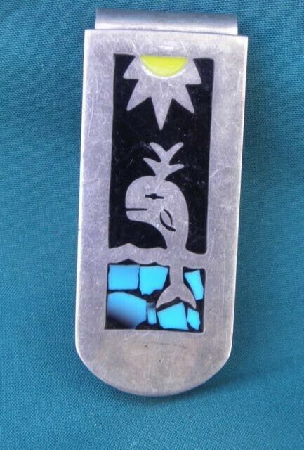 Vintage Mexican Sterling Silver Money Clip With Inlaid Onyx And Turquoise